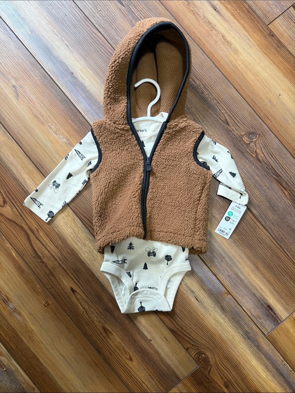 Carter's Brown Sherpa Hooded Vest with Cream Woodland Bodysuit